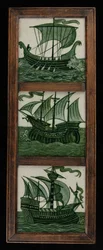 Tile panel of ships in full sail, in frame, c.1865-80