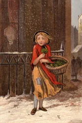 Poor girl selling watercress on a snowy street