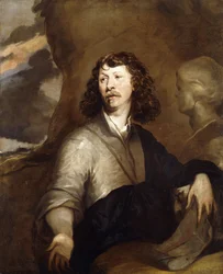 Portrait of a Gentleman, Possibly the Artist, half-length, in a Brown Cloak and Blue Wrap, Beside a Marble Bust, in a Rocky Landscape