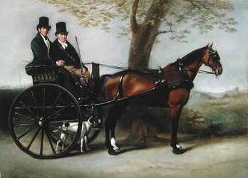 Two Gentlemen in a Gig drawn by a Bay Cob on the way to shoot with their Pointer