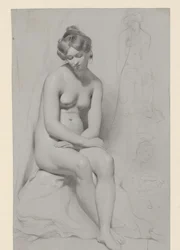Seated Nude Female Model with High Hairstyle, Sketched Again Beside