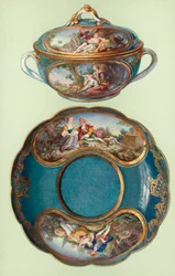 Ecuelle and Stand, Sevres, Turquoise-blue, with Panels after Boucher