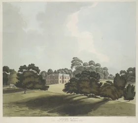 Figures and a Horse in Parkland; Vinters House in the Middle Ground; Trees Throughout the Scene
