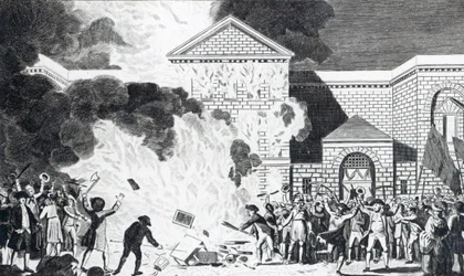 The Devastations occasioned by the Rioters of London firing the New Gaol of Newgate and burning Mr. Akerman