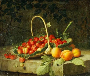 A Basket of Strawberries with Peaches on a Stone Ledge