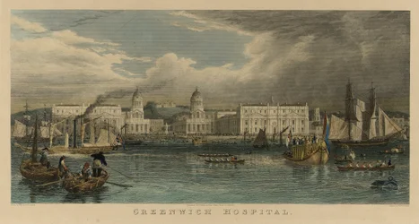 Royal Visit to Greenwich Hospital with a Sailing Ship, a Steamboat, Passenger Barges, Rowboats on the Thames