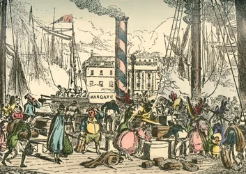 Getting on Board the Margate Steam Packet at London Bridges Wharf, 1838