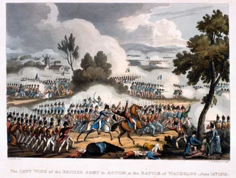 The Left Wing of the British Army in action at the Battle of Waterloo, engraved by Thomas Sutherland, 1815