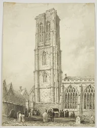 Exterior of Temple Church, showing an internment, c.1825