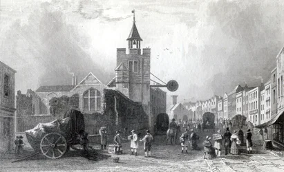 High St. with the Church of St. Nicholas, Colchester, Essex, engraved by Charles Mottram