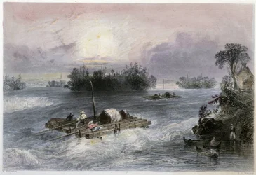 Transportation of Wood and Rapids to the Village of Cedars - in Canadian scenery illustrated by Bartlett W. H.