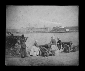 Royal William Victualling Yard, Plymouth, from Mount Edgecombe. Inversed digital file to create b&w positive.