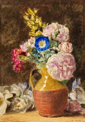 Mixed Flowers in a Brown and Fawn Jug