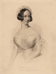 Miss Gore. In off-the-shoulder dress with tight waist, hair decorated with a garland of roses. Steel stipple engraving by William Henry Mote after an illustration by William Drummond from Charles Heath’s English Pearls, or Portraits for the Boudoir
