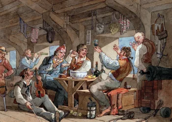 Sailors drinking on board the lower deck of their ship, scene with violin player and pipe smoker, linen lying on a rope, and onboard equipment