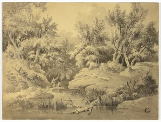 Two Figures Punting on Woodland Stream