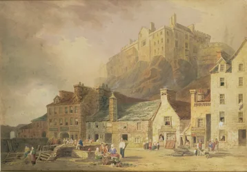 Edinburgh Castle from the Grass Market, showing the Little West Port, c.1820
