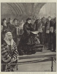 Opening of the Royal Courts of Justice, the Dais at the North End of the Central Hall, the Queen declaring the Courts Open