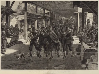 The Afghan War, the 4th Goorkhas marching through the Bazaar, Jellalabad