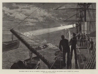 The British Fleet in the Sea of Marmora, searching for Torpedo Boats by the Electric Light on Board HMS Agincourt