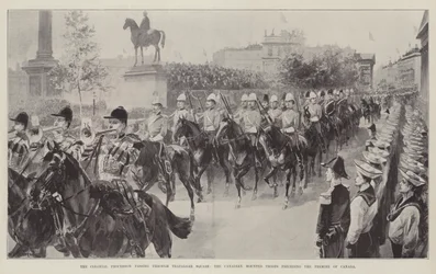 The Colonial Procession passing through Trafalgar Square, the Canadian Mounted Troops preceding the Premier of Canada