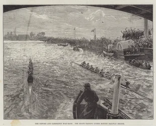 The Oxford and Cambridge Boat-Race, the Boats passing under Barnes Railway Bridge
