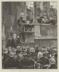 The Right Honourable W E Gladstone at Oxford, delivering the Romanes Lecture in the Sheldonian Theatre