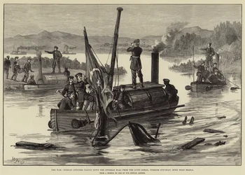 The War, Russian Officers taking down the Ottoman Flag from the Lutfi Djelil, Turkish Gun-Boat, sunk near Braila