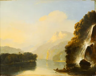 Waterfall in Dusky Bay with a Maori canoe
