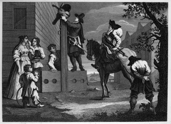 Hudibras and Ralpho Conduct Their Prisoner Crowdero to the Stocks