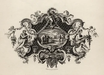 Impression from a silver tankard, engraved by E. Chavane, from The Works of William Hogarth, published 1833