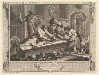 The Idle Prentice at Play in the Churchyard, Industry and Idleness, plate 3, September 30, 1747