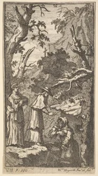 The New Metamorphosis, Plate 7: The Cardinal, a Hermit and Donna Angela Holding Fantasio, 1724