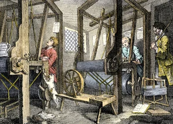 Workshop and Worker with Weaving Material in Spitalfields, England