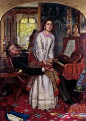 The Awakening Conscience. A young woman in sin suddenly jumps up, plagued by spiritual revelation, seeking to escape her lover