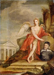 The Genius of Architecture holding a Portrait of Inigo Jones