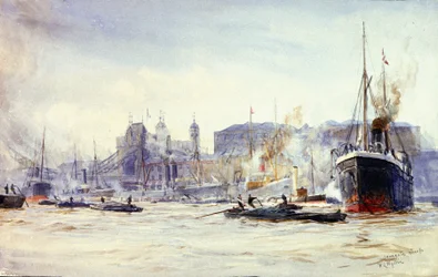 Activity Scene Along Irongate Quay, on the Thames (England), with Tower Bridge in the Distance