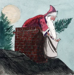 Santa Claus, coming down through a chimney, pulling a bag full of toys and a Christmas tree. Watercolor, early 20th century, by William Lionel Wyllie