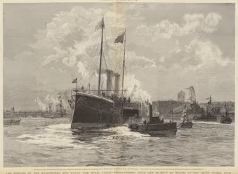 The opening of The Manchester Ship Canal, the Royal Yacht Enchantress with Her Majesty on Board, at the Mode Wheel Lock