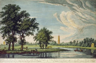 Kew, A View of the Lake and Island Seen from the Lawn, with the Bridge, the Temples of Arethusa and Victory and the Great Pagoda in the Royal Gardens at Kew