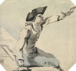 Man Seated on a Parapet Waving his Left Arm