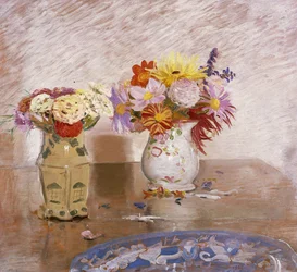 Two Vases of Flowers and a Blue Plate