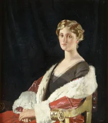 Portrait of Nancy Oswald Smith, Seated Half Length, in a Red Fur-Lined Coat