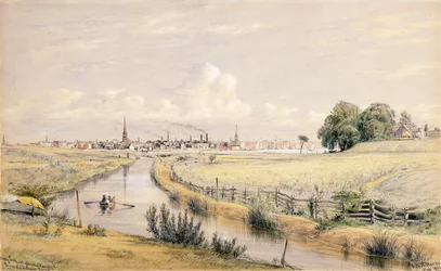 Jersey City with a Glimpse of New York From the Bergen Canal