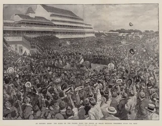 A Historic Derby, the Scene on the Course when the Prince of Wales received Persimmon after the Race