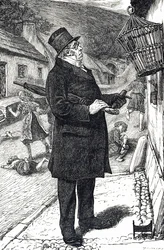Cartoon depicting a top-hatted man outraged by a pet starling disturbing the Sabbath by making the children laugh and shout at its language