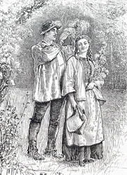 The crowning of the May Queen with a wreath of hawthorn by her sweetheart
