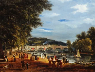 A View of Richmond Bridge with Boats on the River and Figures Promenading
