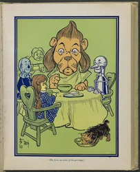 "The Lion ate some of the porridge", illustration from "The Wonderful Wizard of Oz" by Lyman Frank Baum
