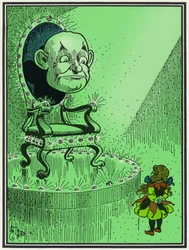 Dorothy in the Royal Hall of the Emerald City in front of the Wizard of Oz. Illustration by William Wallace Denslow for Frank Lyman Baum